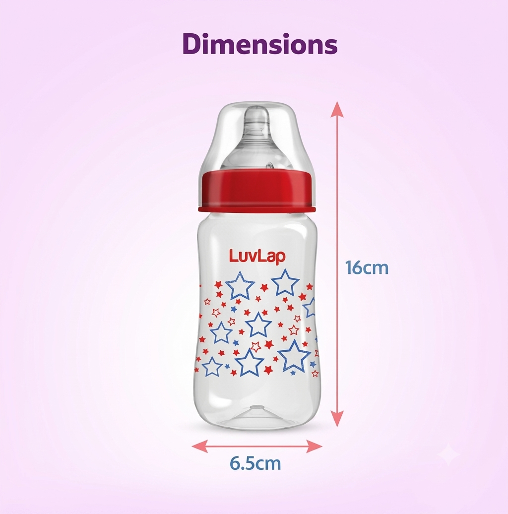 LuvLap Luvlap Anti-Colic Wide Neck Natura Flo Baby Feeding Bottle,New Born / Infants / Toddler upto 3 years, Stars, BPA Free, Red