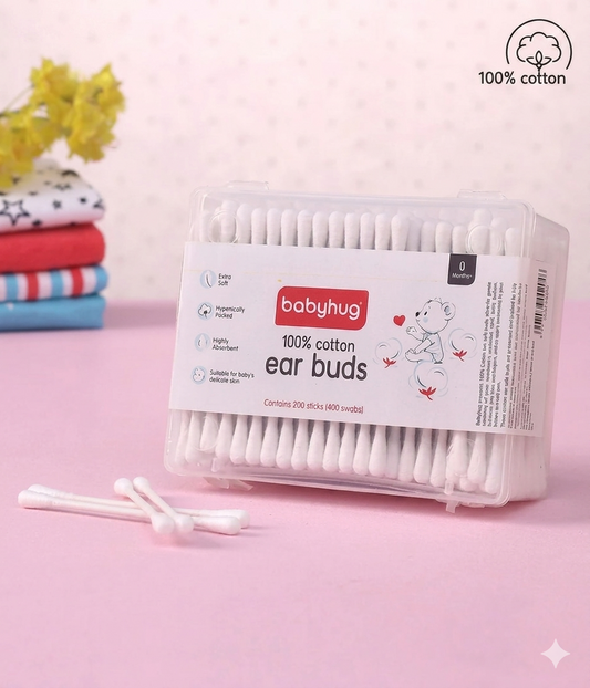 Babyhug 100% Pure Cotton Buds with Eco-Friendly Paper Sticks 200 Pieces | Soft | Safe | Gentle for Babies