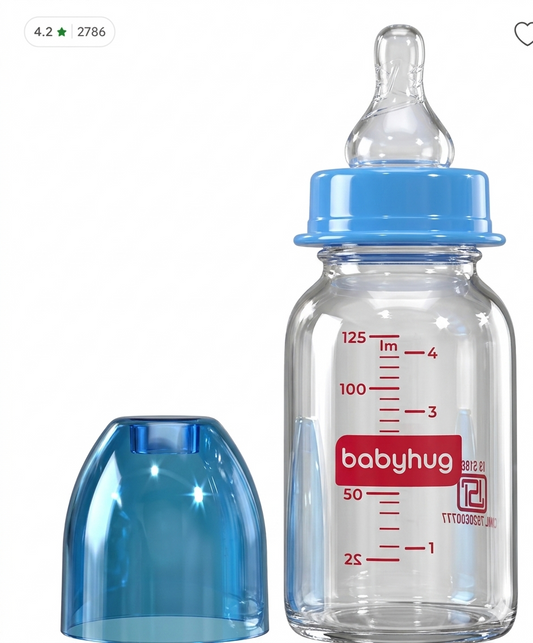 Babyhug BPA-Free Glass Baby Bottle 125 ml, Blue | Anti-Colic Silicone Nipple | Leak-Resistant | Durable | Ideal for Newborns & Toddlers