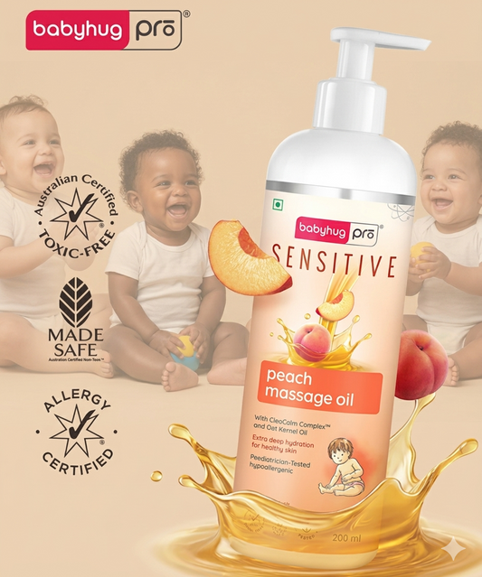 Babyhug Pro Sensitive Peach Massage Oil with Coconut - 200 ml | Deep Nourishment | Sensitive Skin | Paediatrician & Dermatologist Tested | Safe Hypoallergenic Formula|