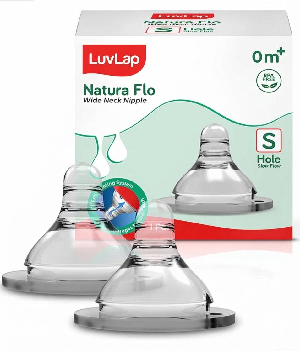 LuvLap Anti-Colic Natura Flo Teat/Nipple for Wide Neck Bottle, 2pcs, Slow Flow.