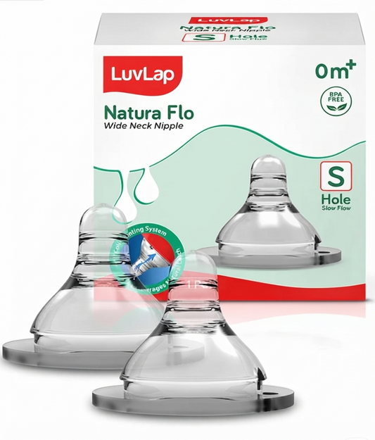 LuvLap Anti-Colic Natura Flo Teat/Nipple for Wide Neck Bottle, 2pcs, Slow Flow.