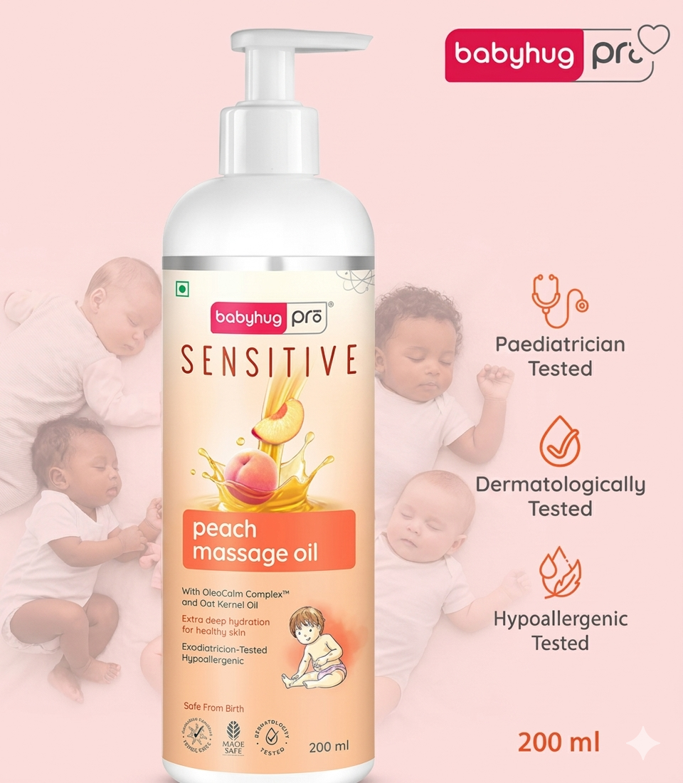 Babyhug Pro Sensitive Peach Massage Oil with Coconut - 200 ml | Deep Nourishment | Sensitive Skin | Paediatrician & Dermatologist Tested | Safe Hypoallergenic Formula|