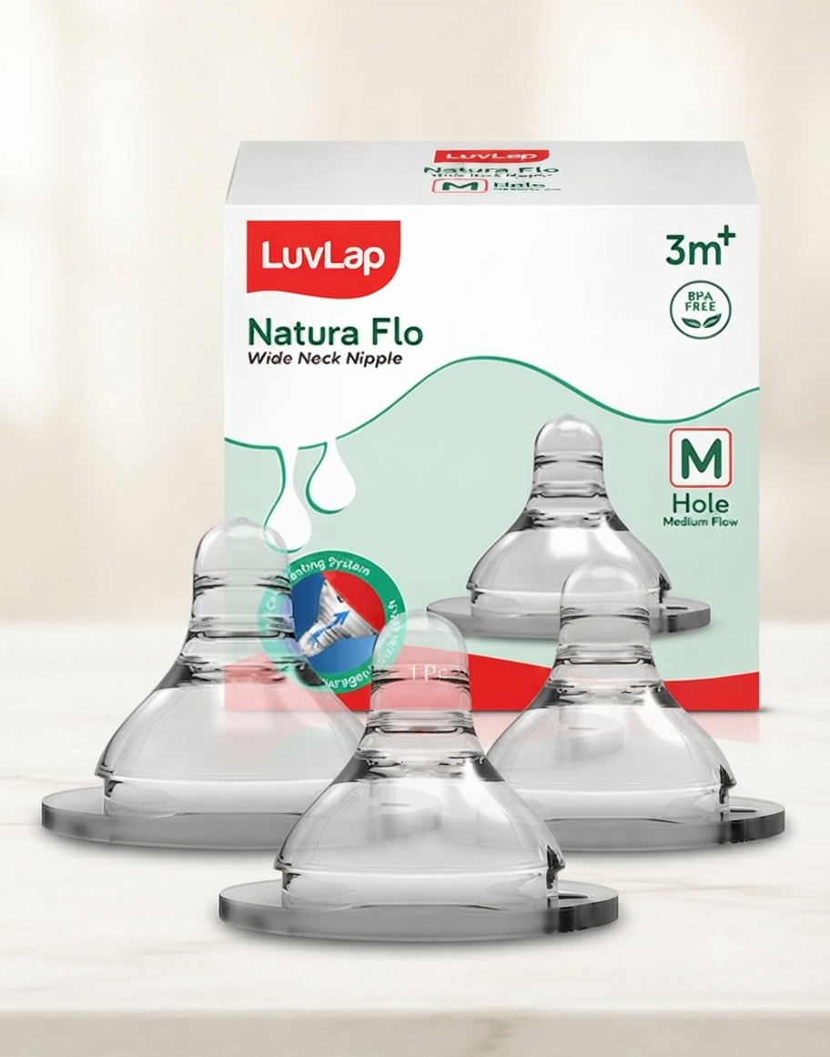 LuvLap Luvlap Anti-Colic Natura Flo Teat/Nipple for Wide Neck Bottle, 2pcs, Medium Flow.
