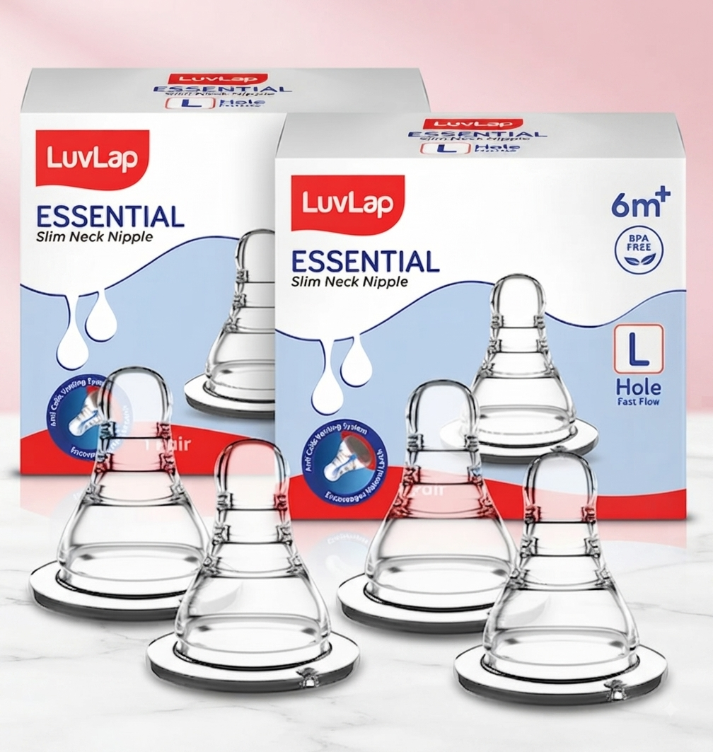 LuvLap Anti-Colic Essential Teat/Nipple for Slim Neck Bottle, 4pcs, Fast Flow, 6m+, BPA Free, 3m+