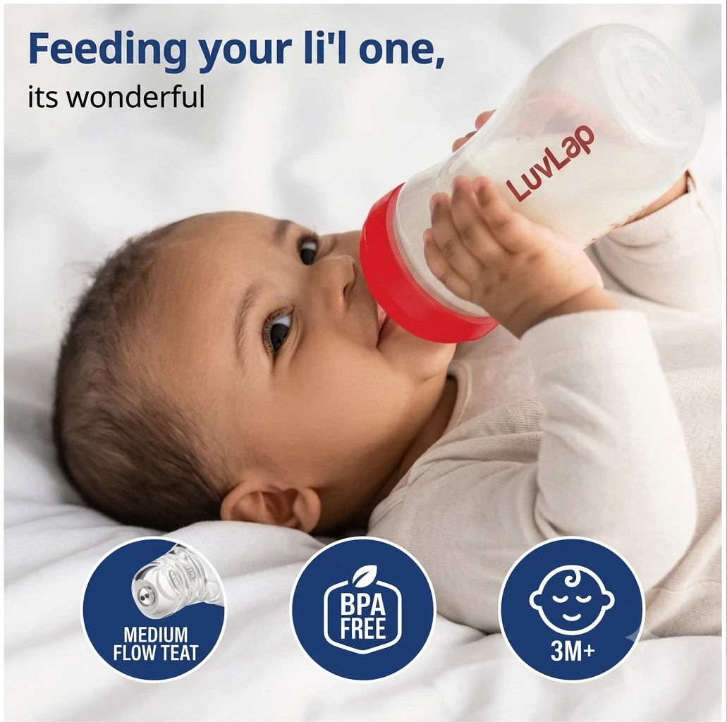 LuvLap Anti-Colic Wide Neck Natura Flo Baby Feeding Bottle New Born/Infants/Toddler BPA Free, Red
