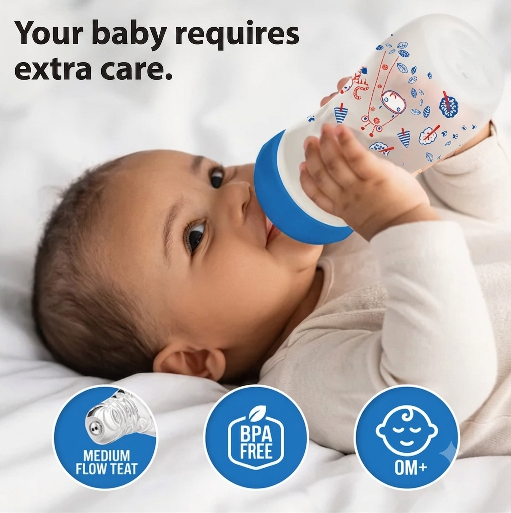 LuvLap Anti-Colic Slim Regular Neck Essential BPA-Free Baby Feeding Bottle, Blue