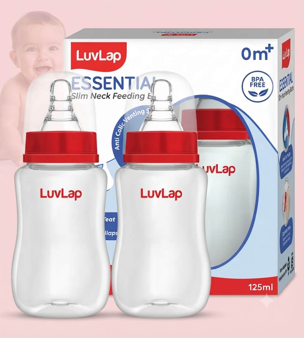 LuvLap Baby Essential Slim Neck Feeding Bottle, 125ml, with Anti-Colic Nipple, BPA Free, Pack of 2, Red