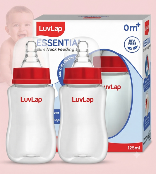 LuvLap Baby Essential Slim Neck Feeding Bottle, 125ml, with Anti-Colic Nipple, BPA Free, Pack of 2, Red