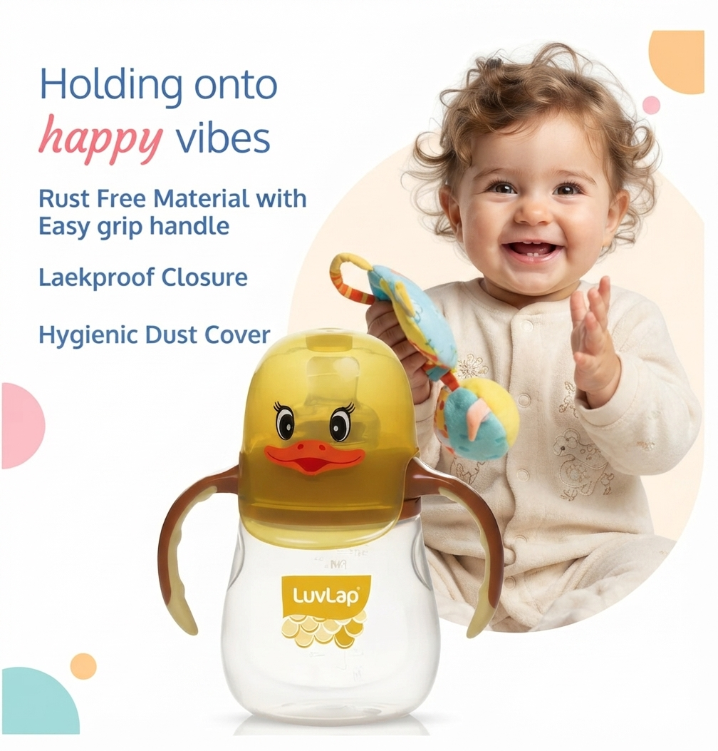 LuvLap Luvlap Naughty Duck Sipper, Soft Silicone Spout, Anti-Spill, Colour, 210 ml, 6M+ - Yellow