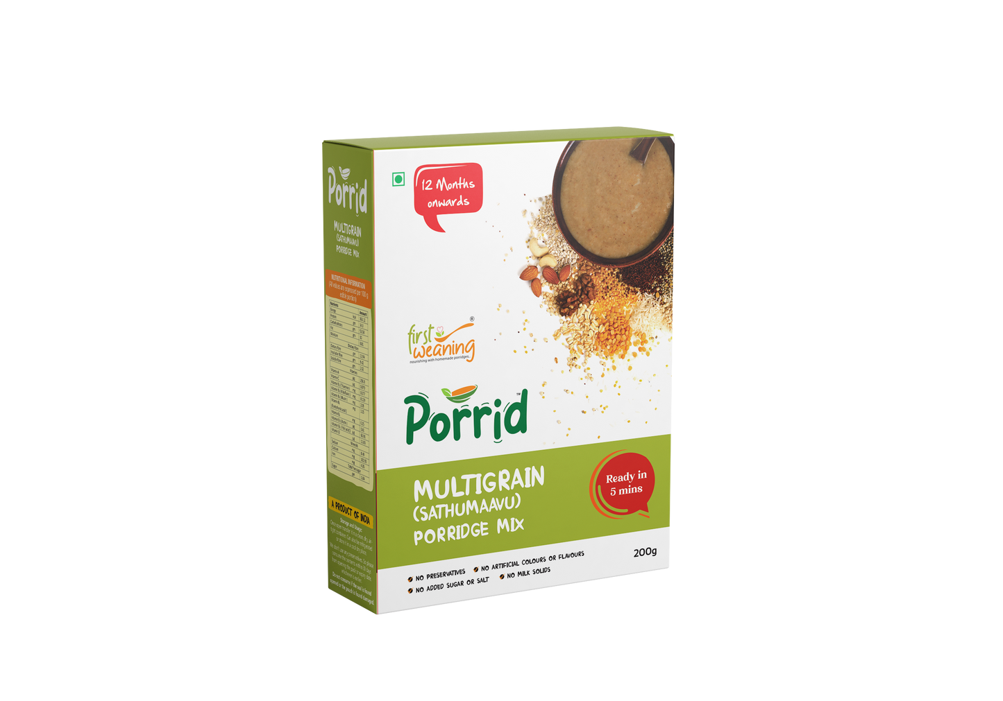 First Weaning  Multigrain Porridge Mix - Sprouted Sathu Maavu - 12+ Months, 200g, Made of Sprouted Millets, Pulses, Dry Fruits & Nuts - Healthy Weight Gain Cereal Mix for Baby