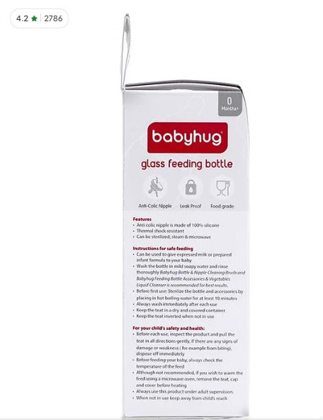 Babyhug BPA-Free Glass Baby Bottle 125 ml, Blue | Anti-Colic Silicone Nipple | Leak-Resistant | Durable | Ideal for Newborns & Toddlers