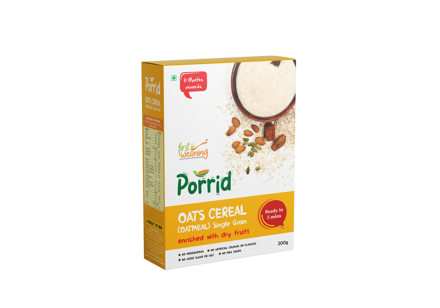 First WeaningMultigrain Milk & Fruits Oats Cereal | With Iron, Protein, Calcium | 19 Nutrients | 300g, Bag-in-box